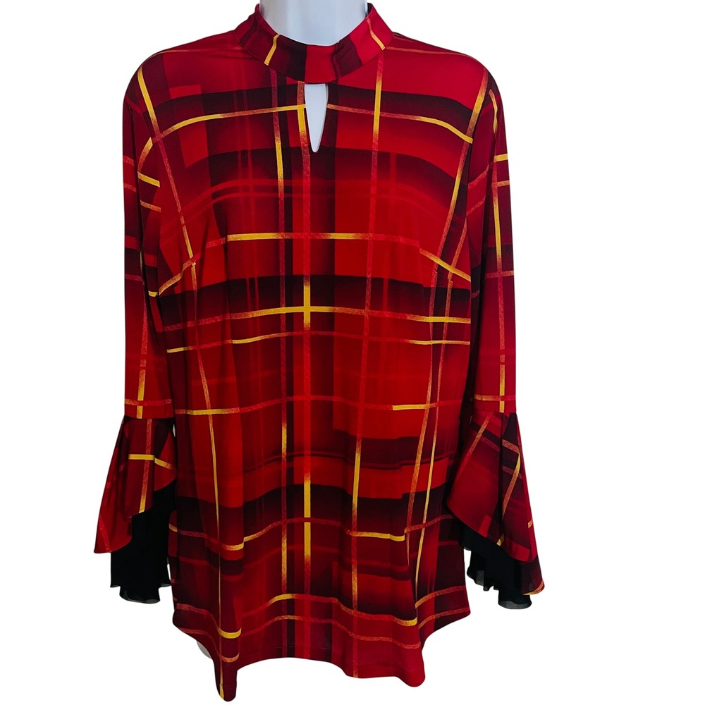 Womens Whimsigoth Victorian Red Tartan Plaid Ruffle Bell Sleeve Top Small Fall